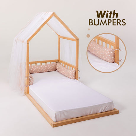 Wooden Montessori House Floor Bed with Fence and Roof for Kids (190x90 cm)
