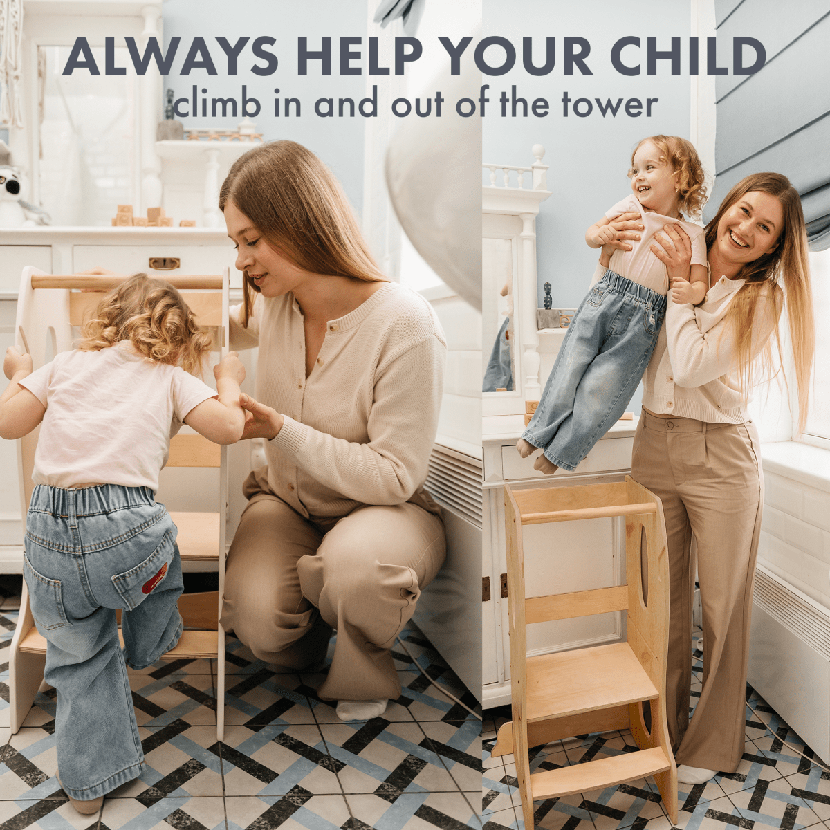 Stable Montessori Learning Tower: Wooden Growing Chair - Beige
