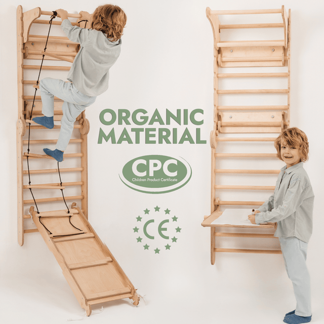 Wooden Swedish Wall / Climbing ladder for Children + Swing Set + Slide Board + Art Add-on