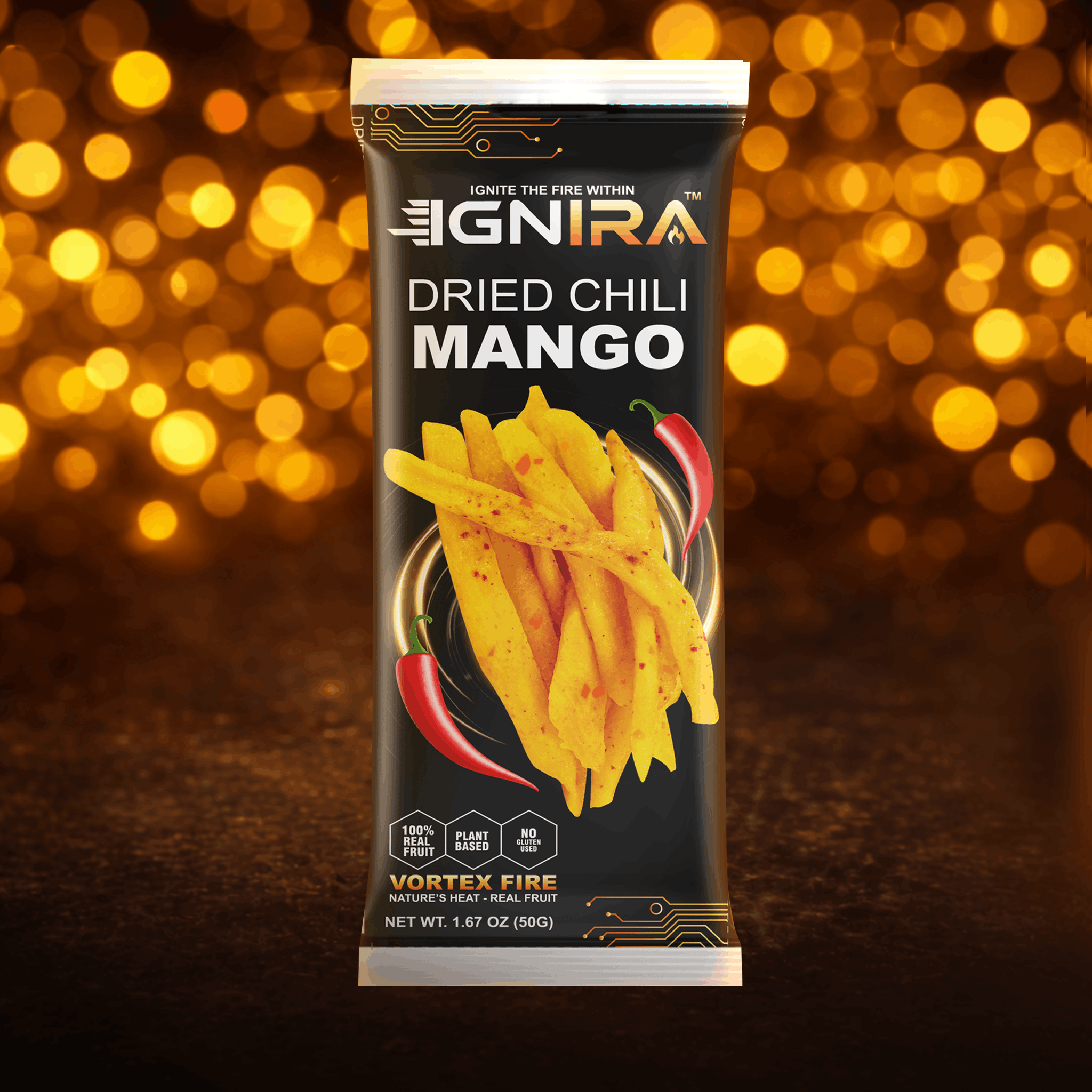 IGNIRA Dried Mango with chili, Sweet & Hot Fruit Snack Strips, Dry Chamoy Mangoes Slices, Chili Mangoes Snacks for Office, Gluten-Free, Plant-Based, Real Fruit, Vortex Energy Pack of 1 (1.67oz)