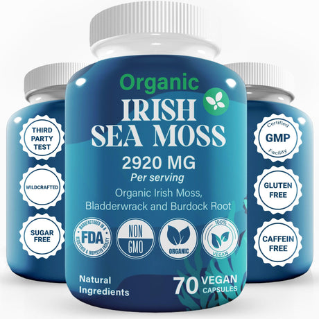 Premium Irish Sea Moss Capsules, 100% Pure, Powerful Formula Recommended by Dietitian, Wildcrafted Sea Moss, Bladderwrack & Burdock Root, No Sugar, Gluten, Caffeine & Fat - FreshDrinkUS - Natural and Premium Herbal Tea
