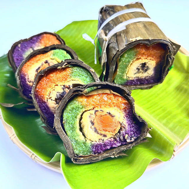 Tri-Color Cylindric Sticky Rice Cake With Dried Shrimp And Salted Egg Yolk
